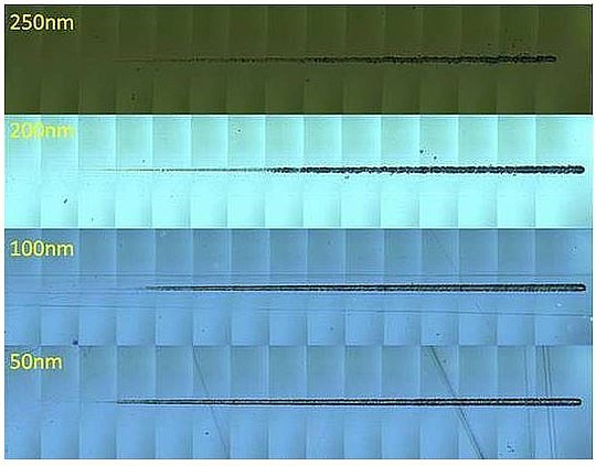 Рисунок 3: Панорамное сравнение царапин на каждом образце (увеличение в 500 раз). Диапазон прилагаемой нагрузки составлял 0,08 - 5 мн.